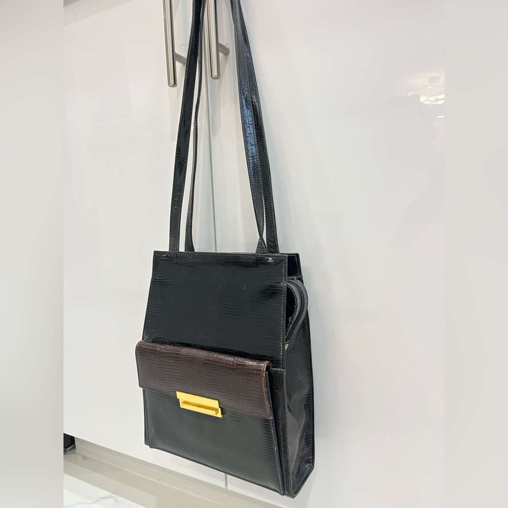 Vintage Black Brown Faux Choc Shoulder Bag Gold Clasp